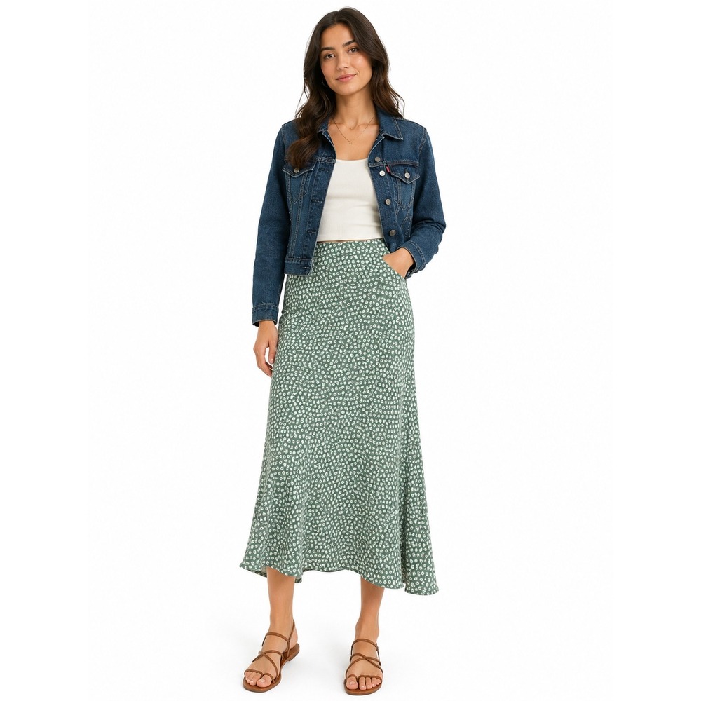 RSQ Midi Skirt Womens XS Green Floral Ditsy Print A-Line Lined Cottagecore Boho
